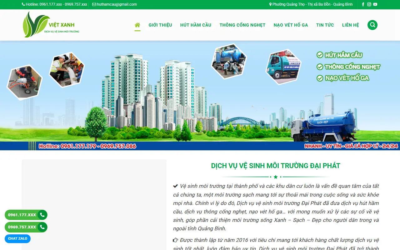 Mẫu website vệ sinh & giúp việc — Hút Hầm Cầu, Thông Cống Nghẹt tại Quảng Bình, Hà Tĩnh